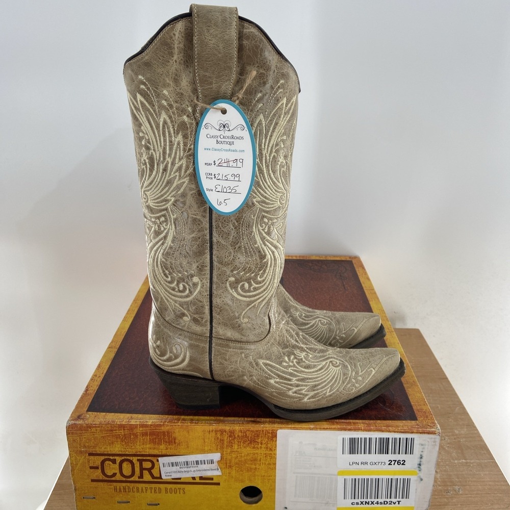 CORRAL BOOTS E1035 Western Embroidered Tall Boot Women's Size 6.5 Bone Beige